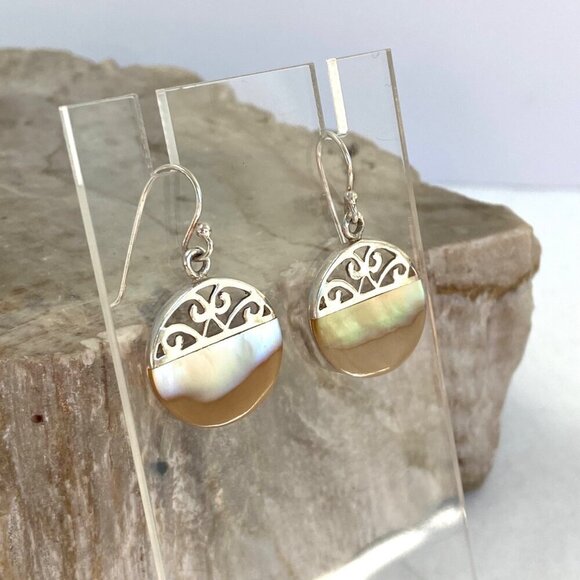 Sterling Silver 925 Round Mother Of Pearl MOP Scrollwork Accent Dangle Earrings - Picture 4 of 16